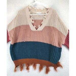 On the Road Striped Distressed Fringe V‎ Neck Sweater M L